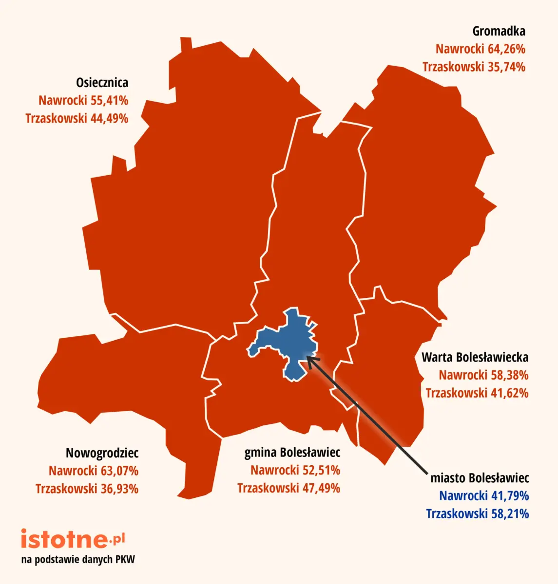 Mapa powiatu bolesławieckiego z poparciem dla kandydatów w poszczególnych gminach