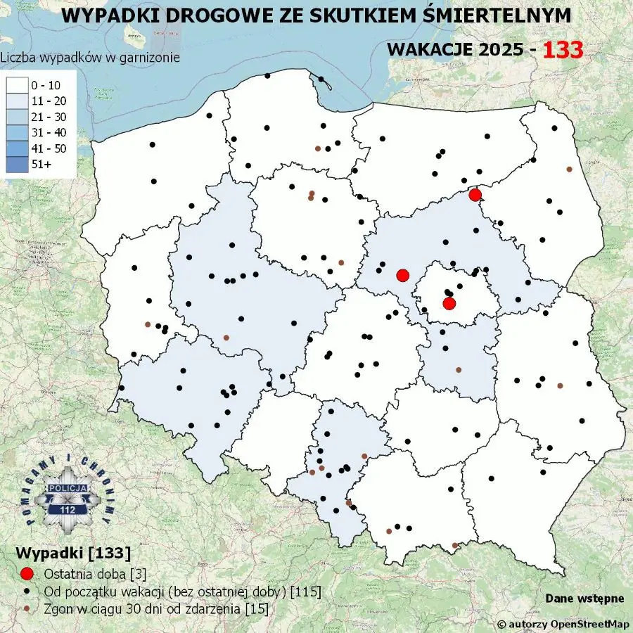 Policyjna mapa wypadków ze skutkiem śmiertelnym - wakacje 2025