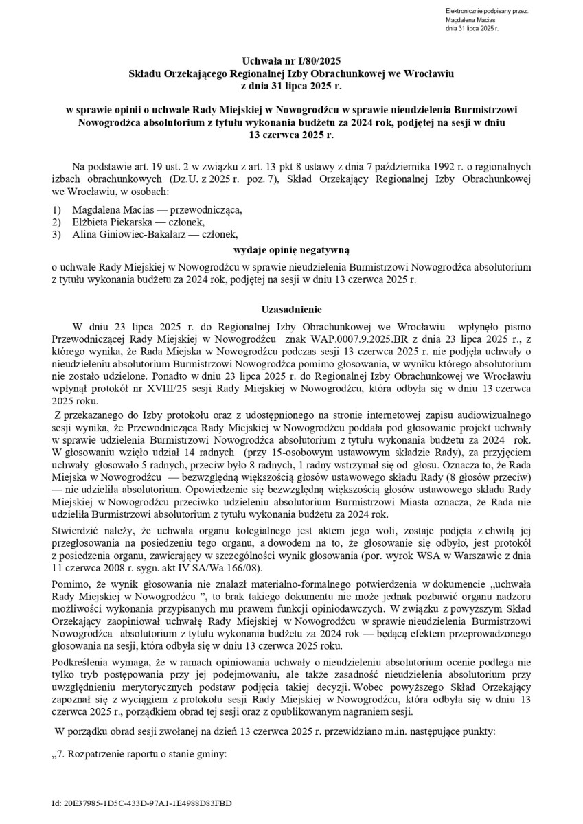 Uchwała RIO i wynik głosowania