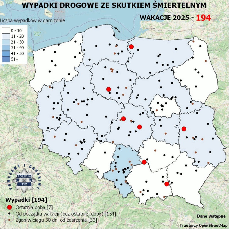 Policyjna mapa wypadków ze skutkiem śmiertelnym - wakacje 2025