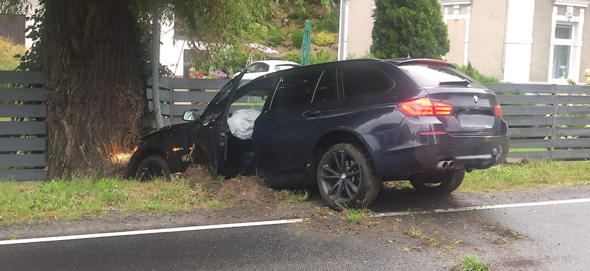 BMW wypadło z drogi w Dąbrowie Bolesławieckiej