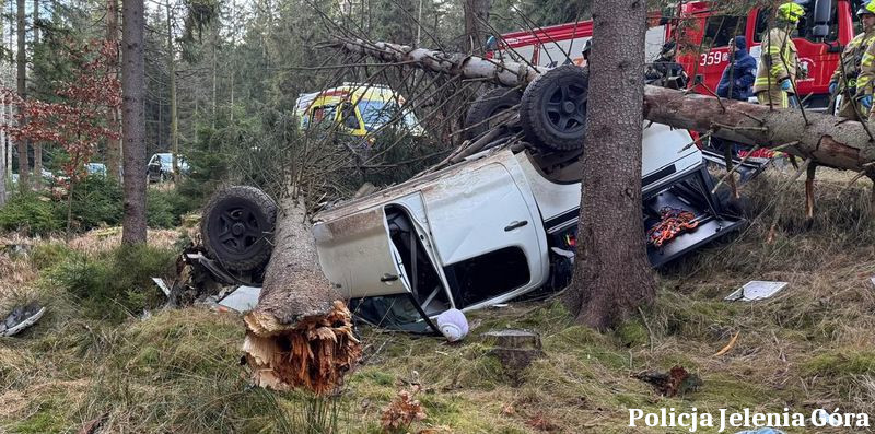 Wpadł w poślizg, ściął dwa drzewa i dachował