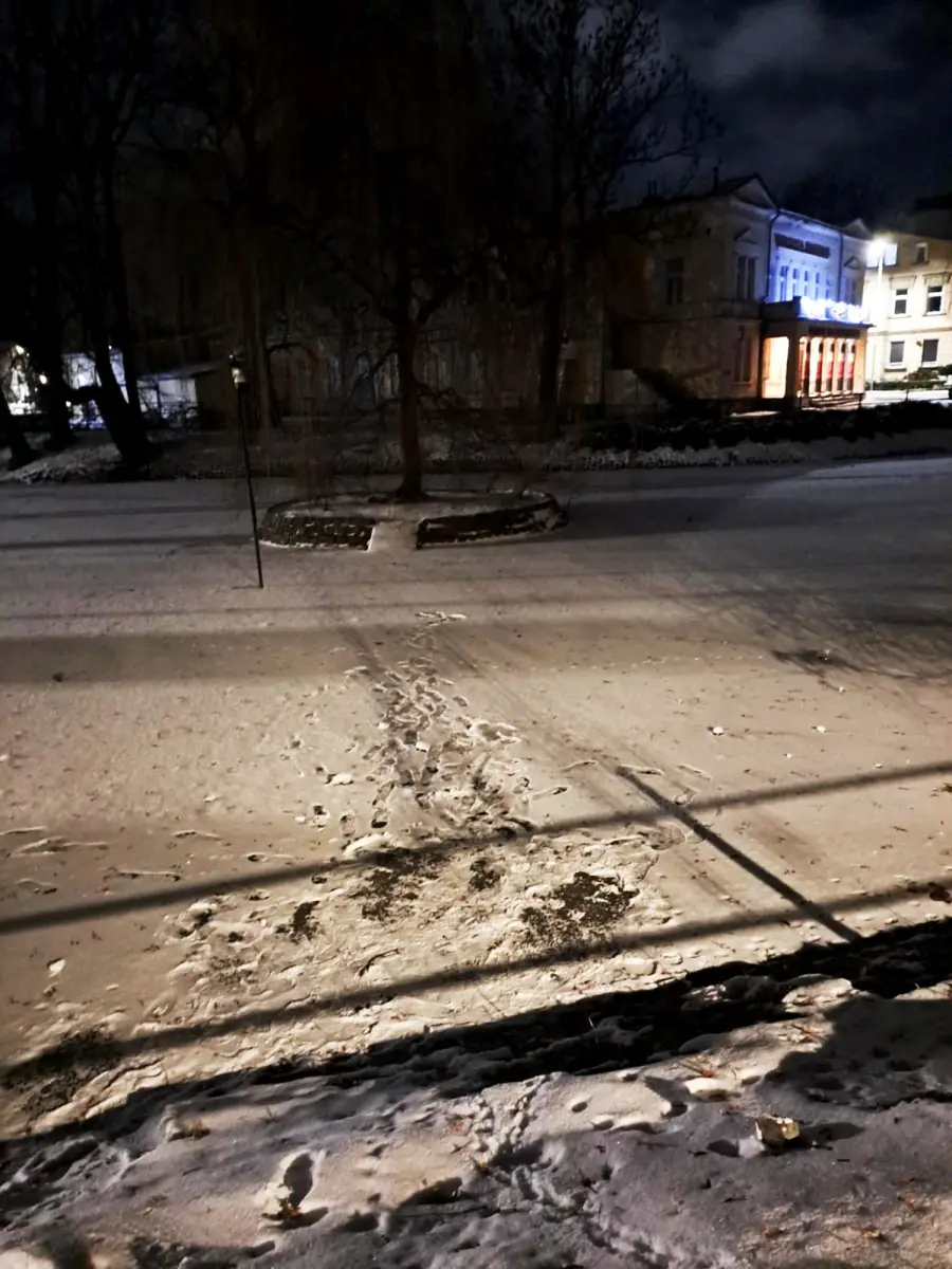 Ślady butów na zamarzniętym stawie miejskim