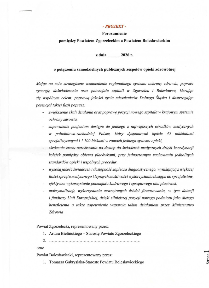 Projekt porozumienia pomiędzy Powiatem Zgorzeleckim a Powiatem Bolesławieckim o połączeniu samodzielnych publicznych zespołów opieki zdrowotnej