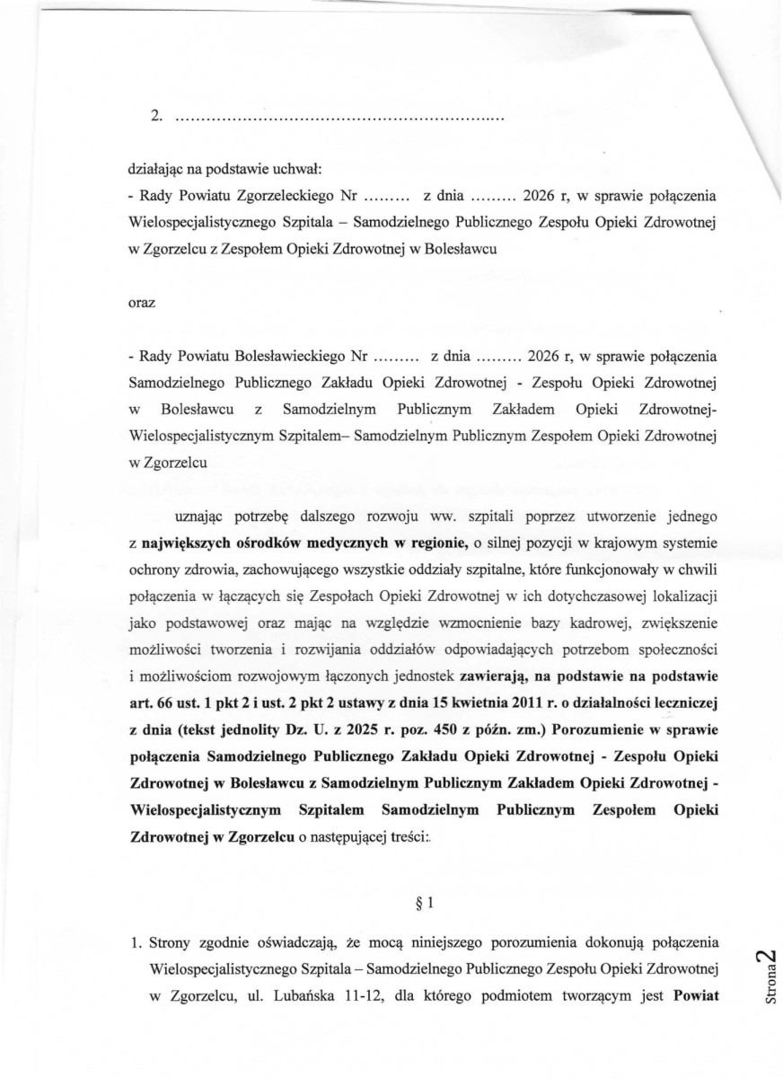Projekt porozumienia pomiędzy Powiatem Zgorzeleckim a Powiatem Bolesławieckim o połączeniu samodzielnych publicznych zespołów opieki zdrowotnej