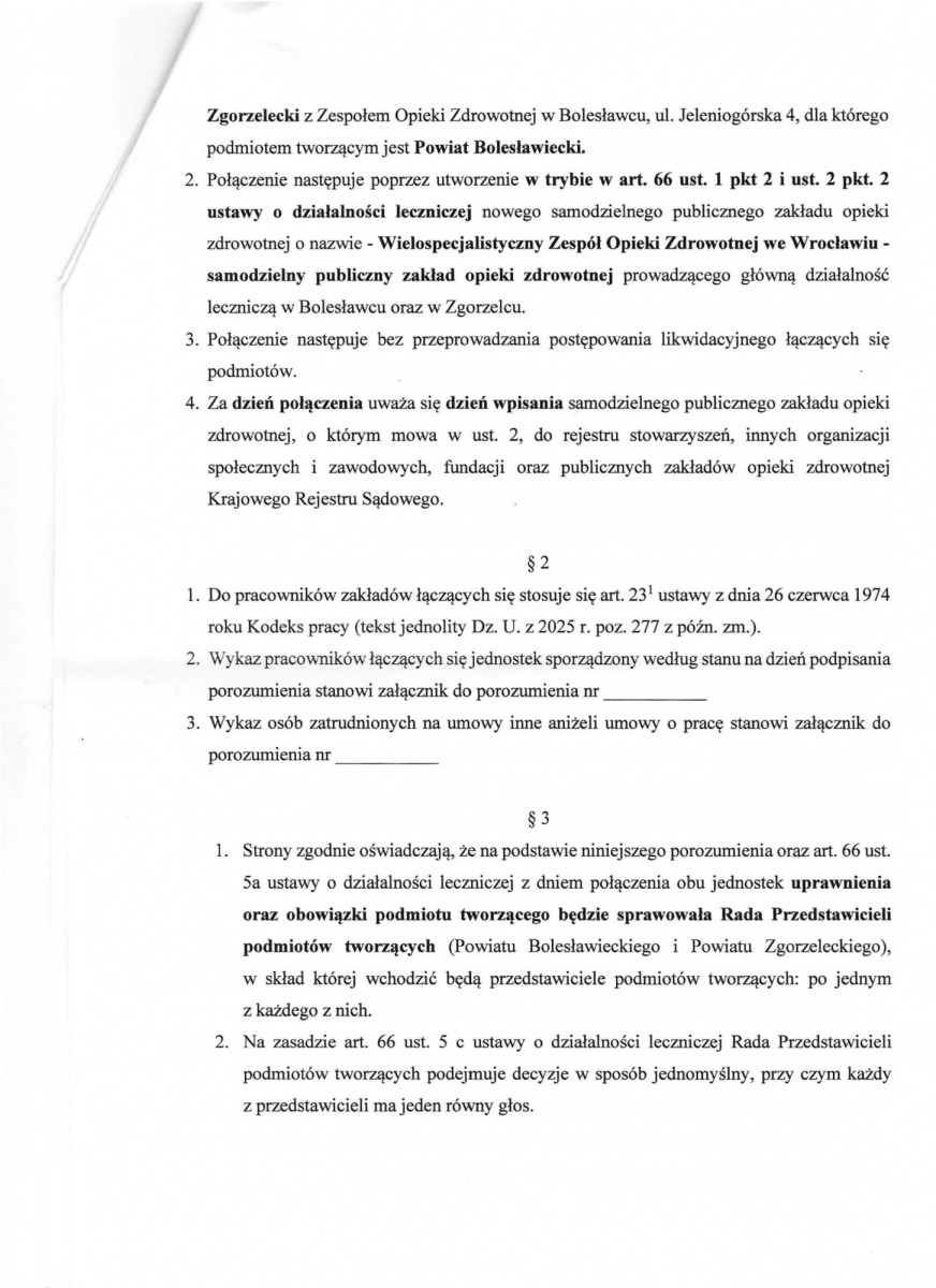 Projekt porozumienia pomiędzy Powiatem Zgorzeleckim a Powiatem Bolesławieckim o połączeniu samodzielnych publicznych zespołów opieki zdrowotnej