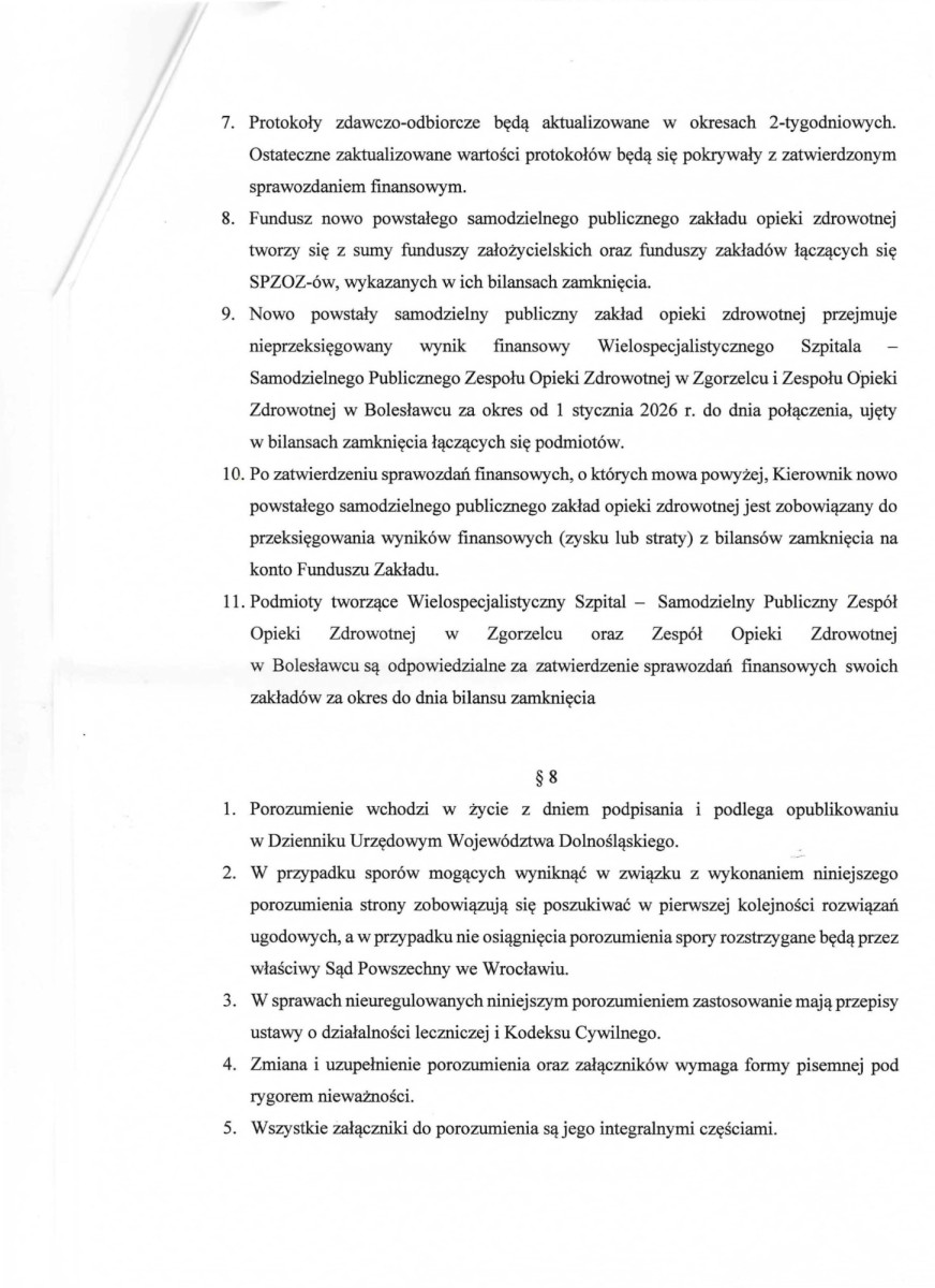 Projekt porozumienia pomiędzy Powiatem Zgorzeleckim a Powiatem Bolesławieckim o połączeniu samodzielnych publicznych zespołów opieki zdrowotnej