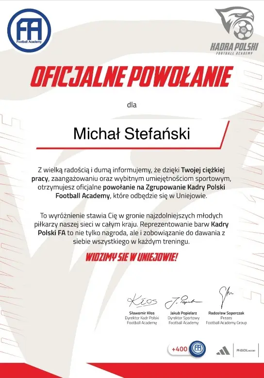 Michał Stefański z powołaniem do kadry Polski FA