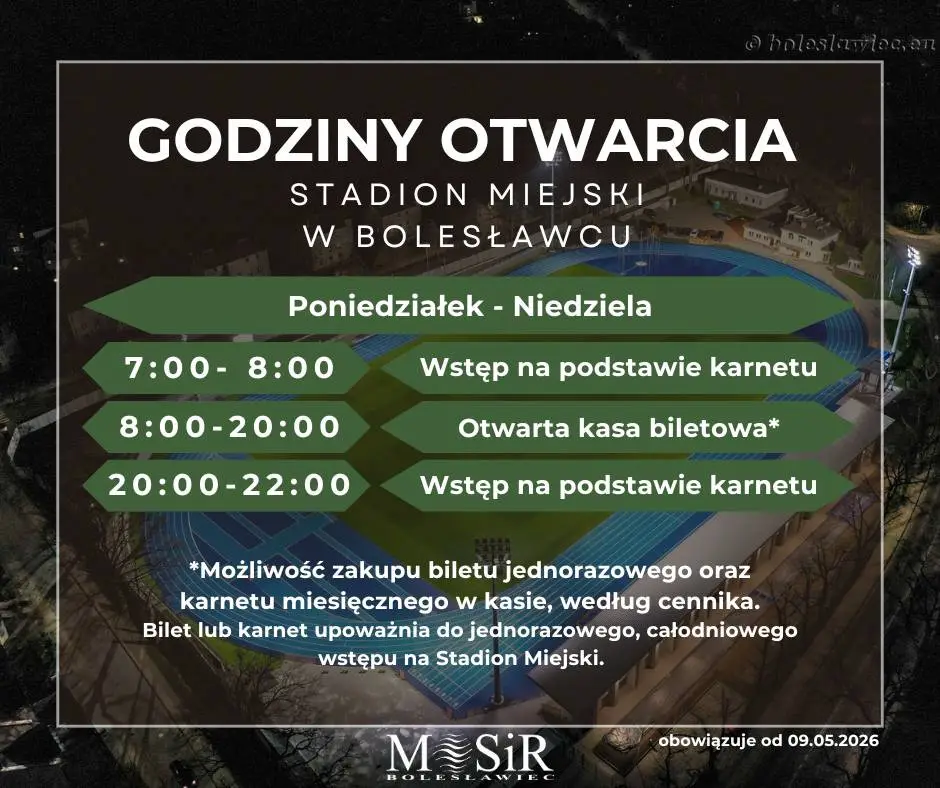 Infografika dot. godzin otwarcia stadionu