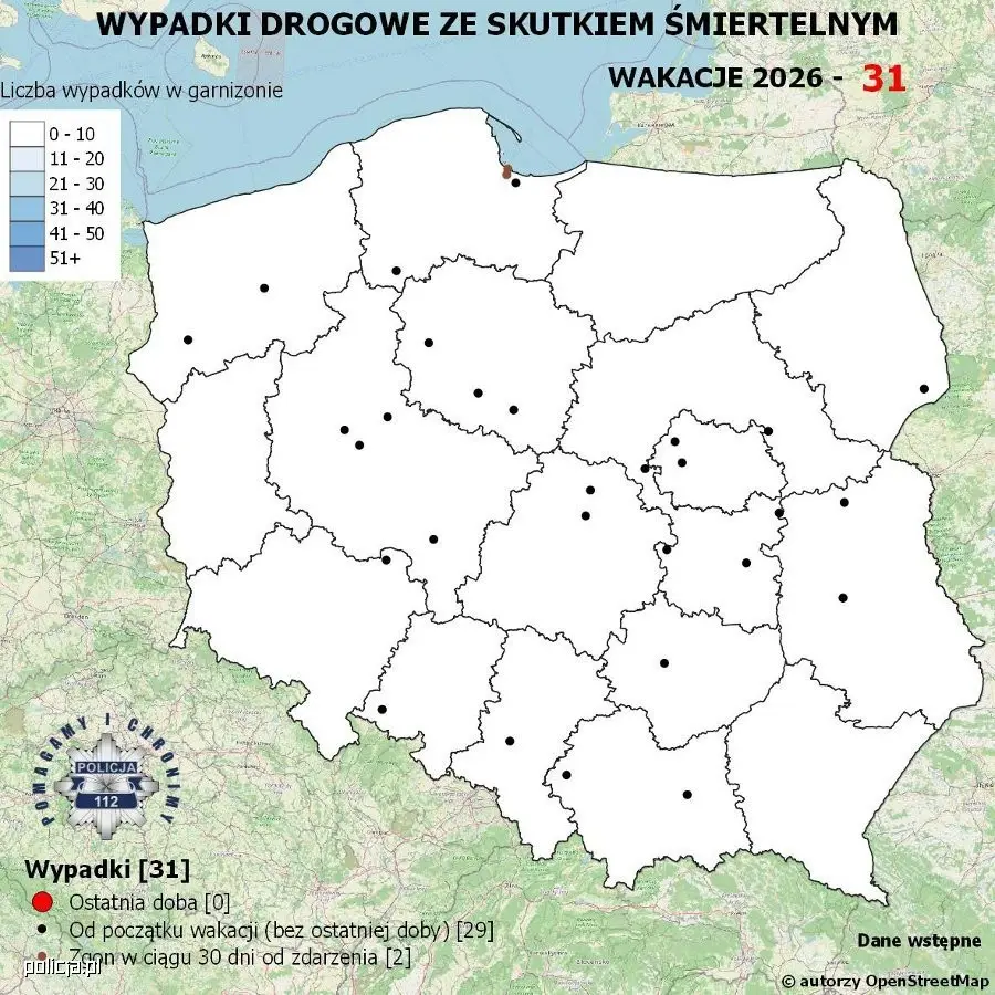 Policyjna mapa wakacyjnych wypadków drogowych ze skutkiem śmiertelnym