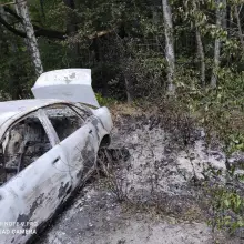 Zobacz zdjęcie: Spalony samochód w lesie